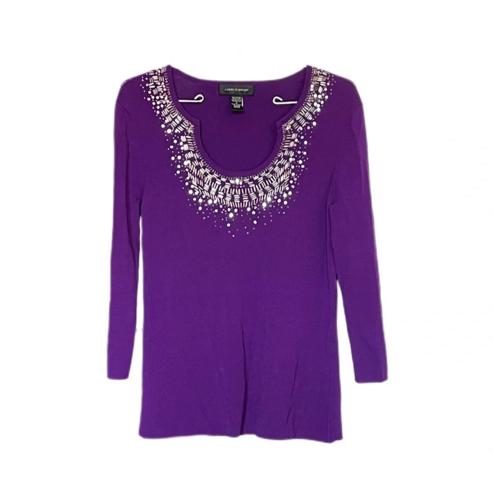 Cable & Gauge Purple Silver Embellished 3/4 Sleeve Sweater Women’s Medium
